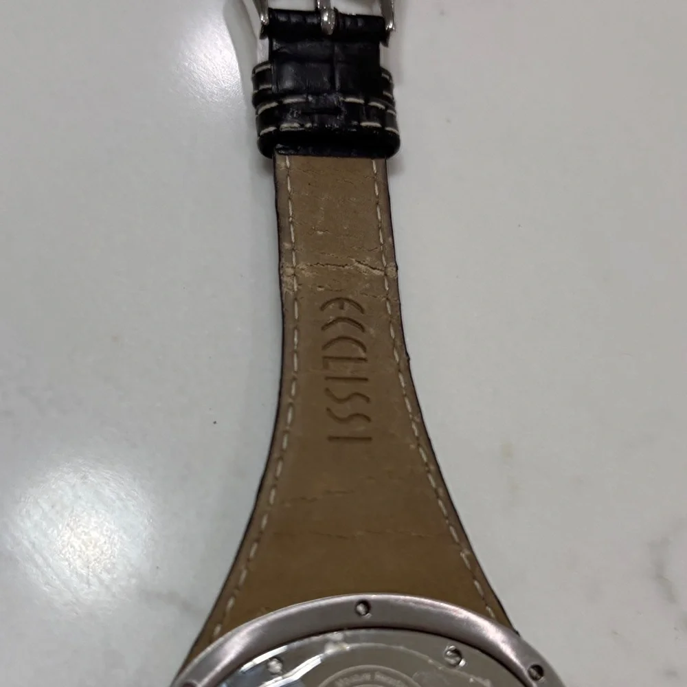 Black Leather Strap Women's Oval Silver-Tone Watch